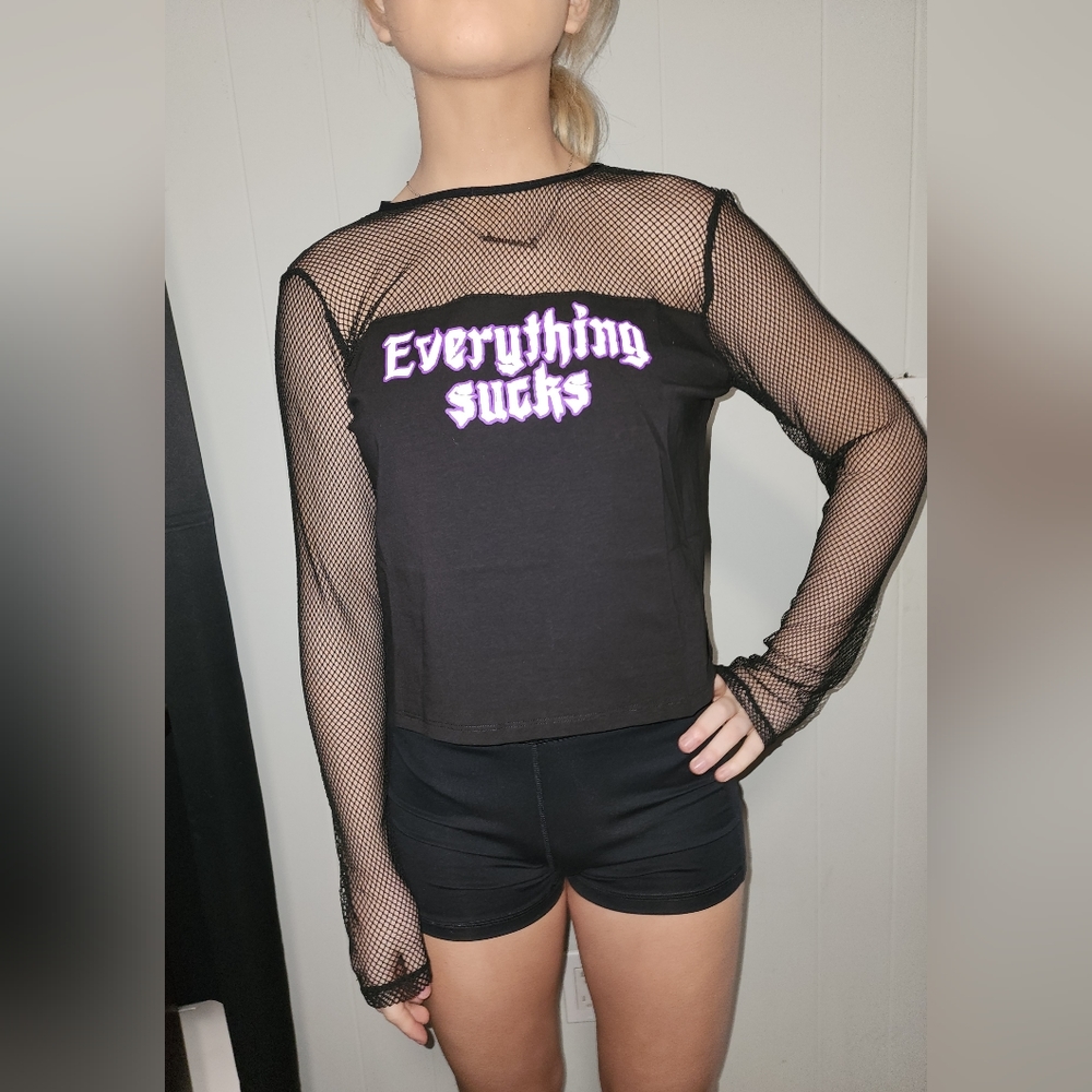 NWT Dolls Kill Black , Sheer Everything Sucks Long Sleeve Tee - Picture 1 of 10